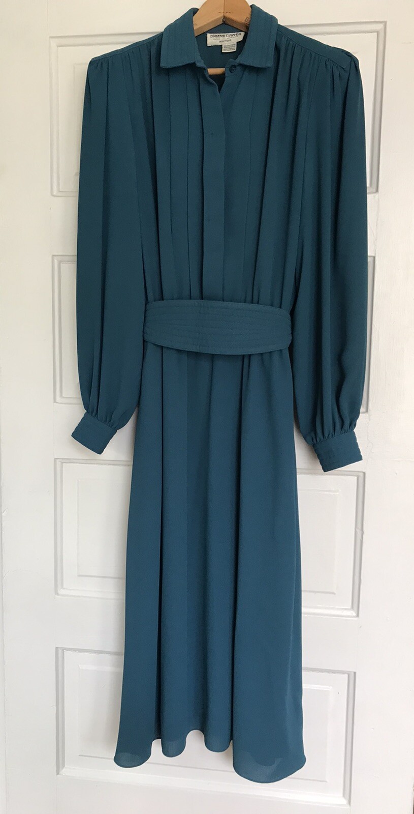 Vintage Pierre Cardin Boutique Dress Teal Blue Button Up Belted 80s Med? No Tag