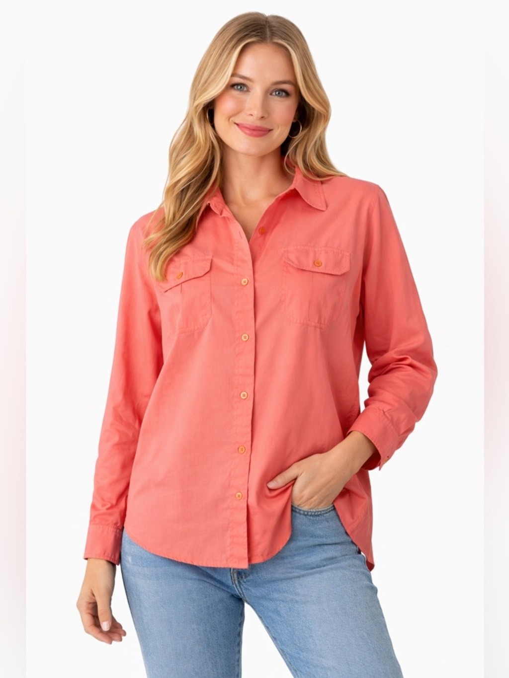 Vintage Minimalist Coastal Coral Button Up Shirt – Coral – M/L