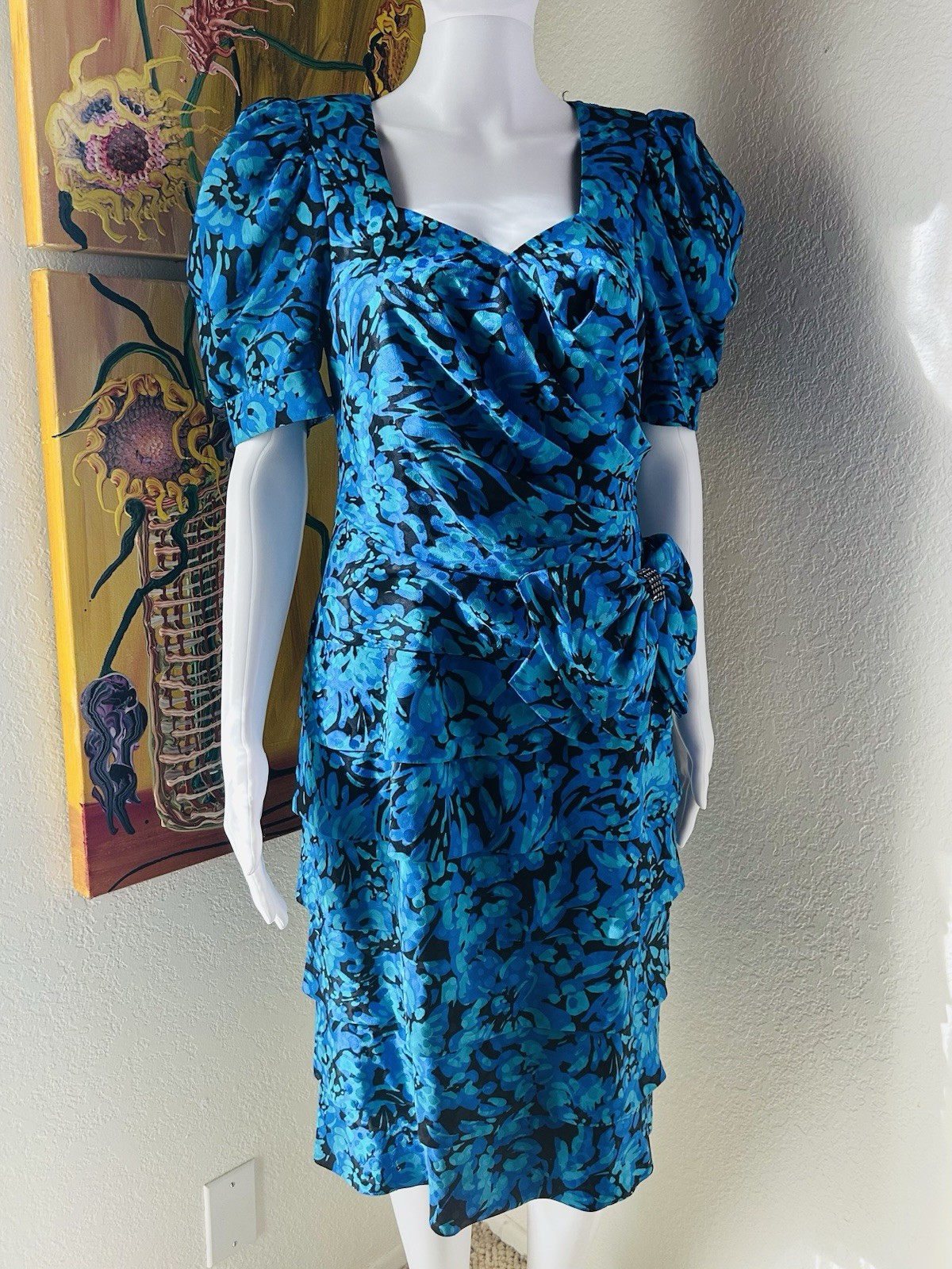 A.J. Bari Blue Floral Print Tiered Dress Bow 80s Vtg Sz 12 See Measurements