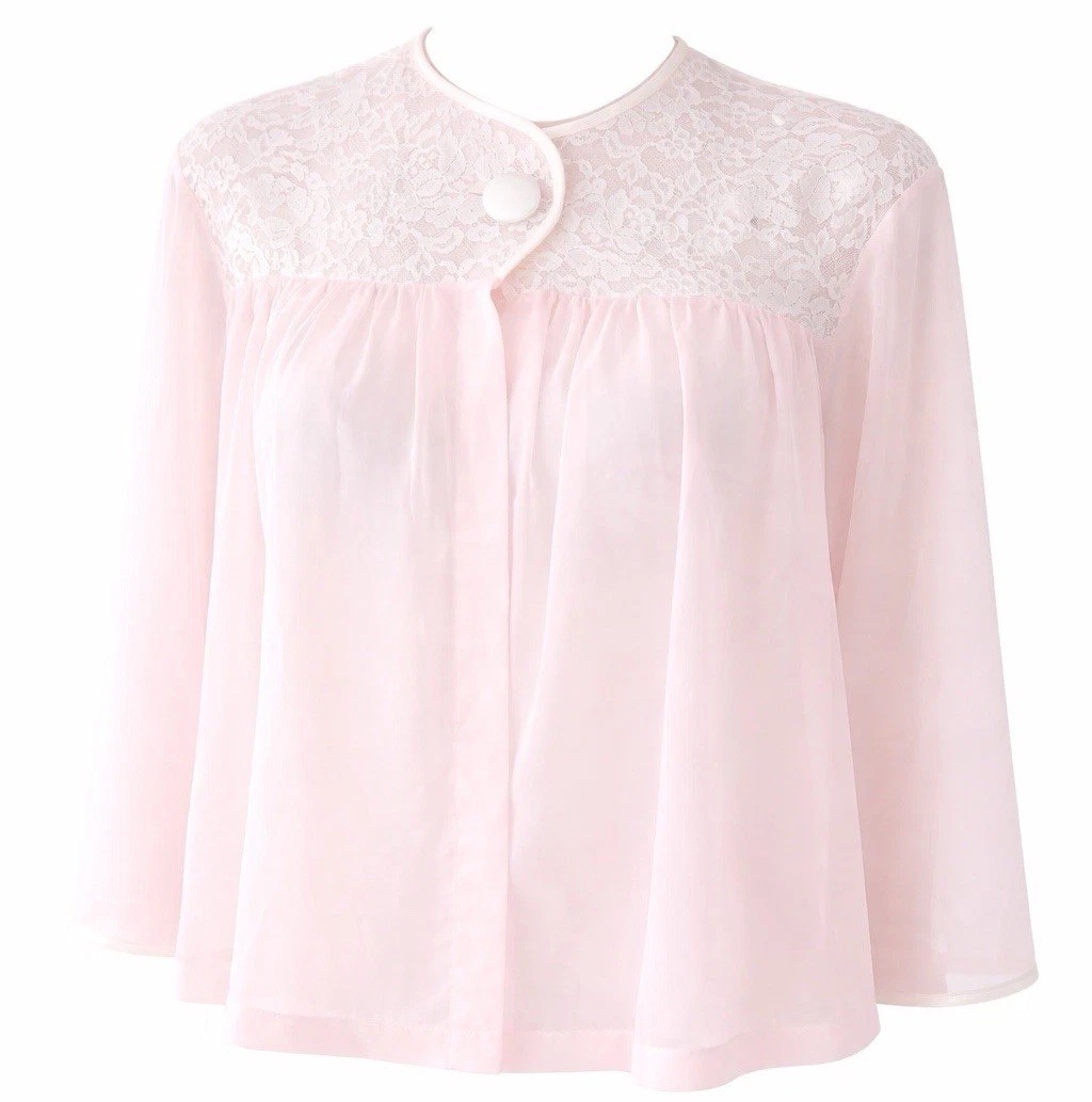 Vintage 50s 60s Vanity Fair Bed Jacket Small Pink Lace USA Glam Bridal Boudoir