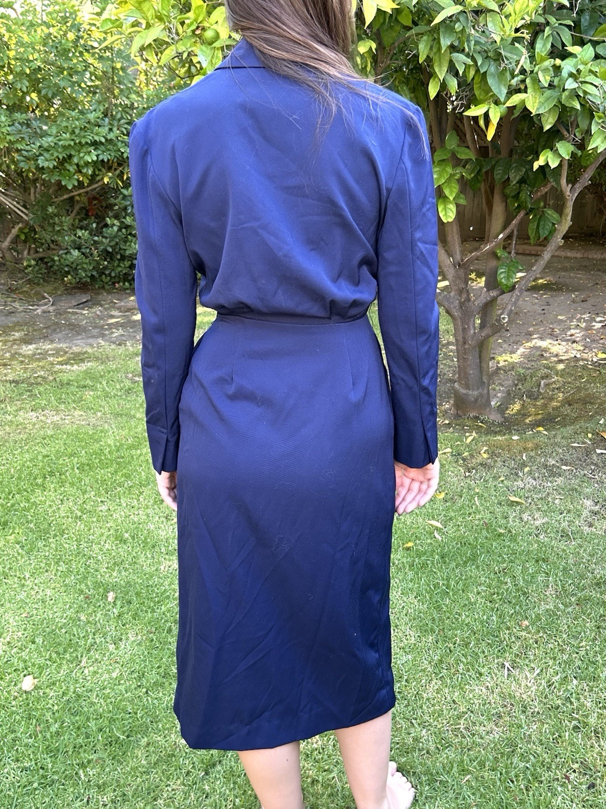 Vintage Ralph Lauren 6 100% Wool Tuxedo Jacket Wrap Dress Blue Midi