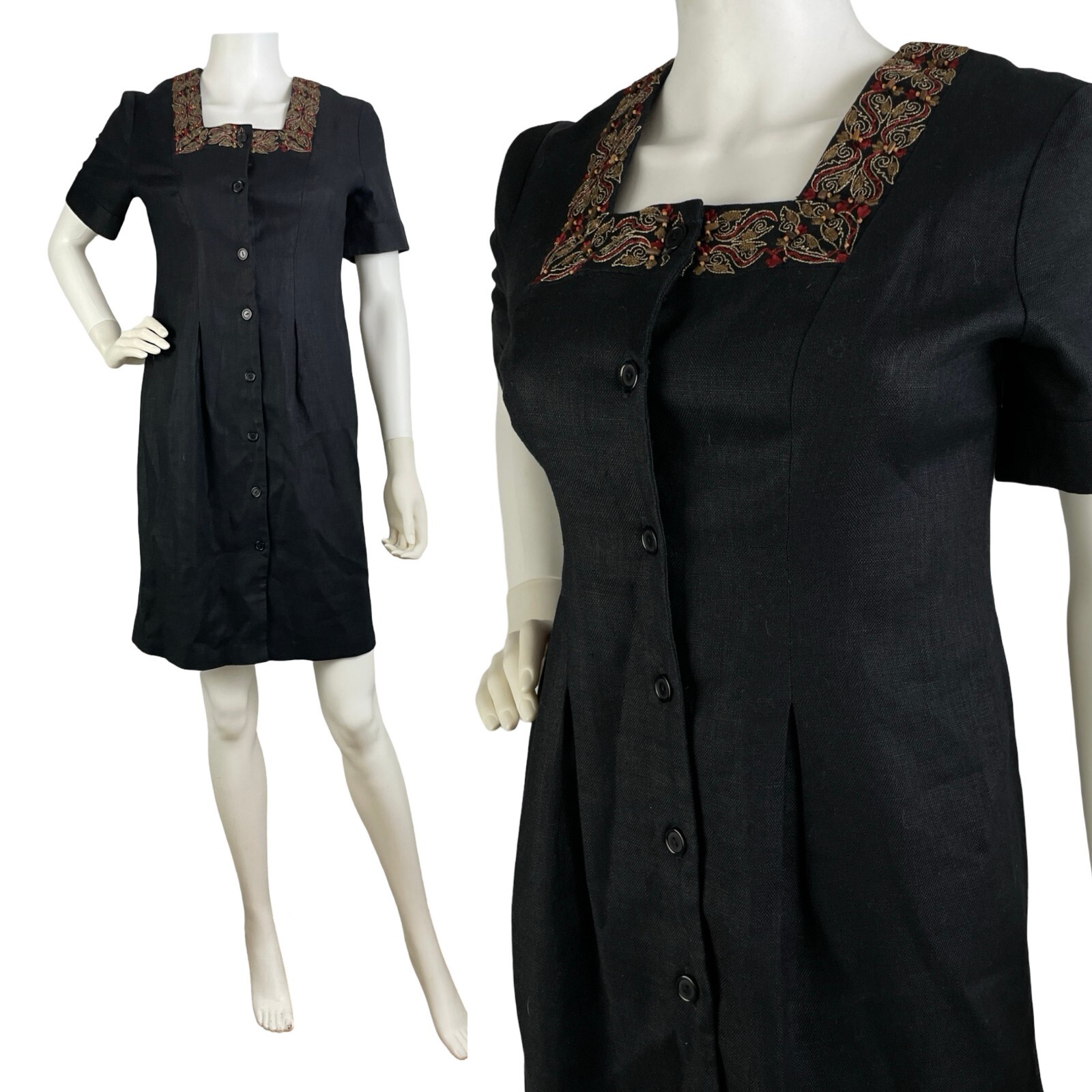 Vintage 80s Carole Little Tailored Sheath Dress 6 Linen Beading Lined Size Small