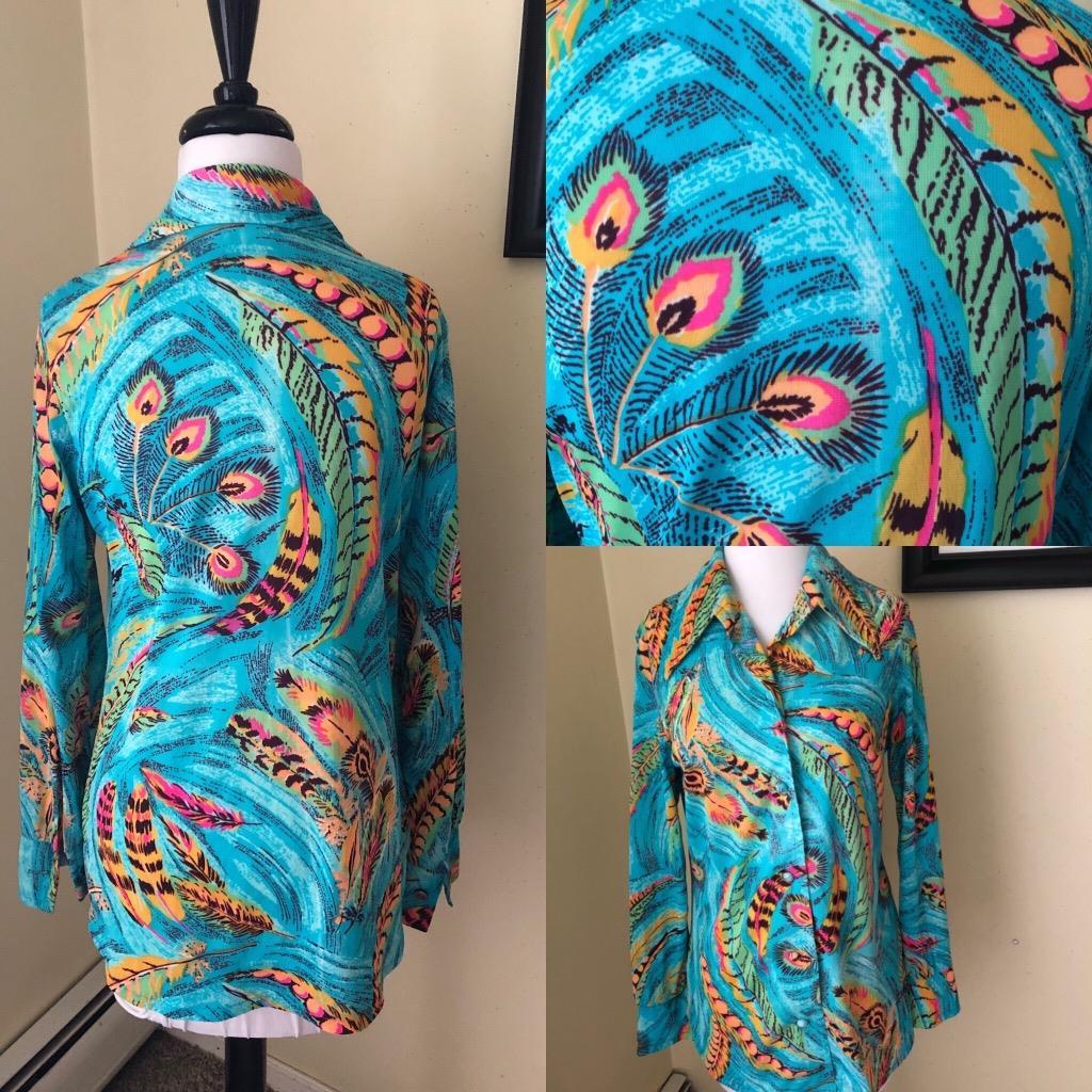 Vintage 1970’s Turquoise Blue Peacock Blouse Feathers Multi Colored Nylon Sz M