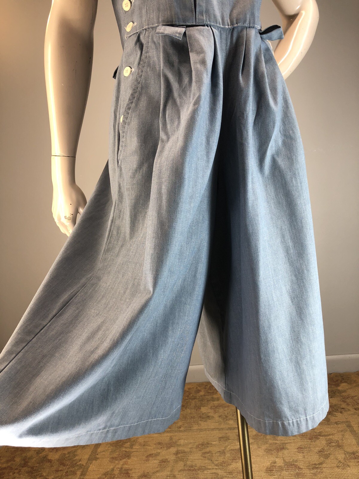 Vtg 70s Denim Jumpsuit Chambray Overalls Gauchos duz 40s Wide Leg M M-L 31 waist
