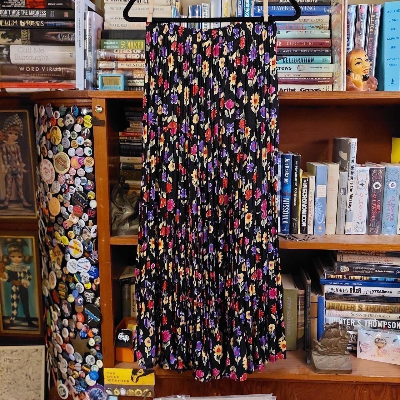 Vintage made in USA floral black, green purple pink and yellow floral maxi skirt