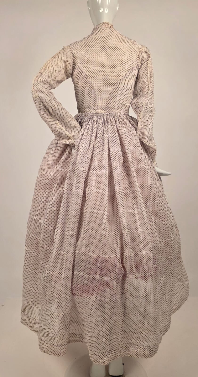 HANDSEWN CIVIL WAR 1850’S PRINT + WINDOWPANE MUSLIN DRESS MUSEUM QUALITY