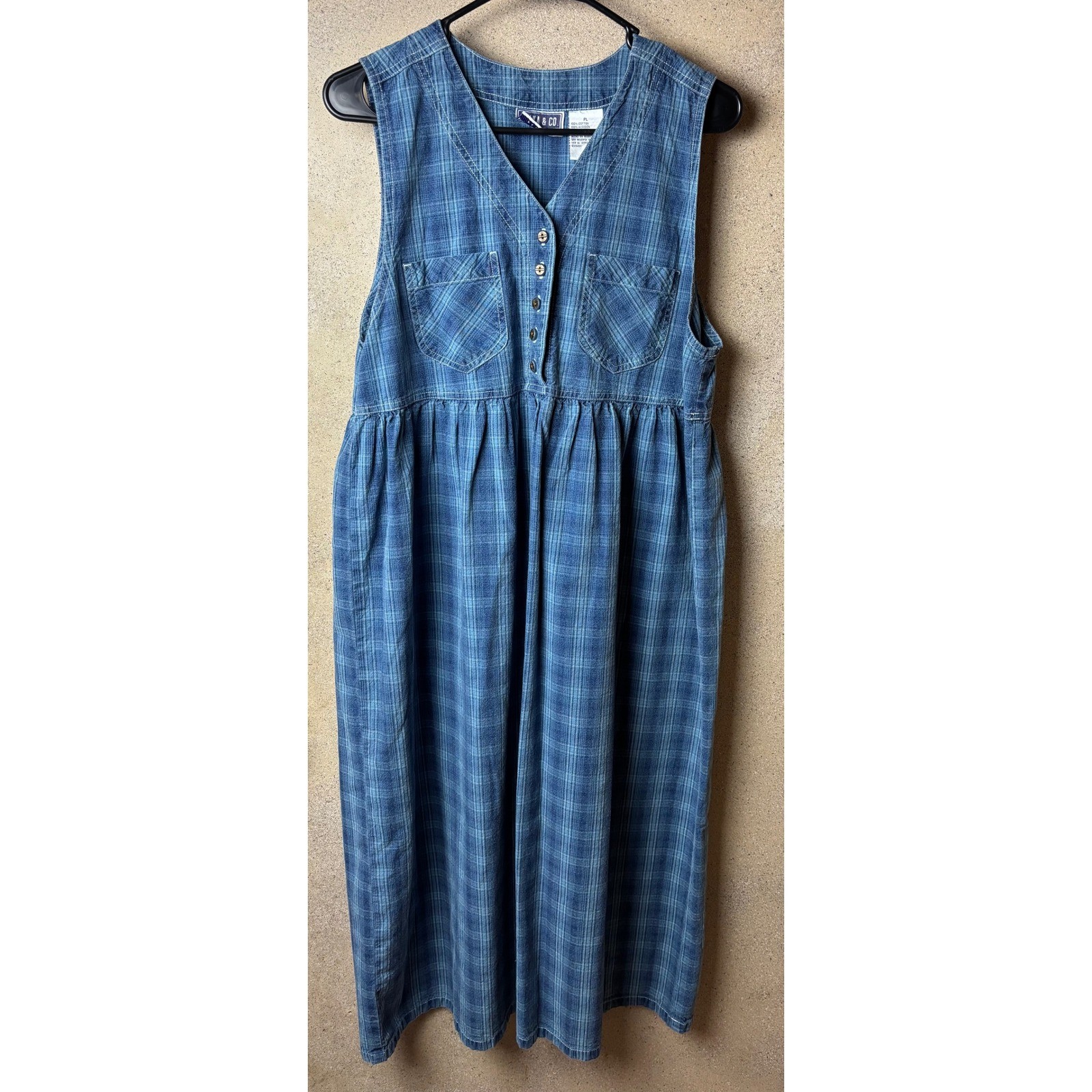 Vintage Erika & Co Petite Blue Plaid Denim Look Jumper Dress Cottagecore PL