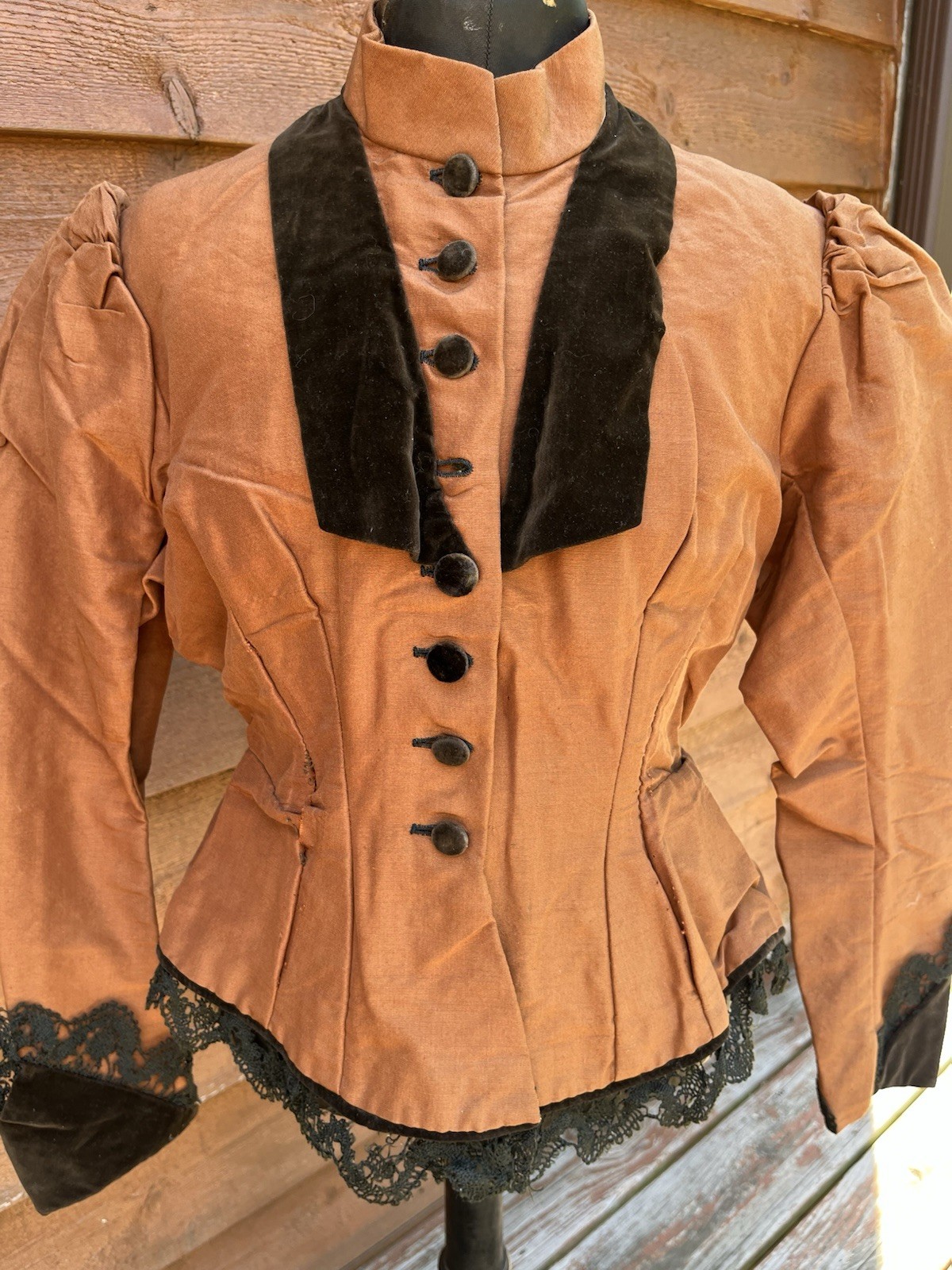 Victorian Brown Ladies Fitted Jacket, Velvet Lapels, Cuffs, Buttons