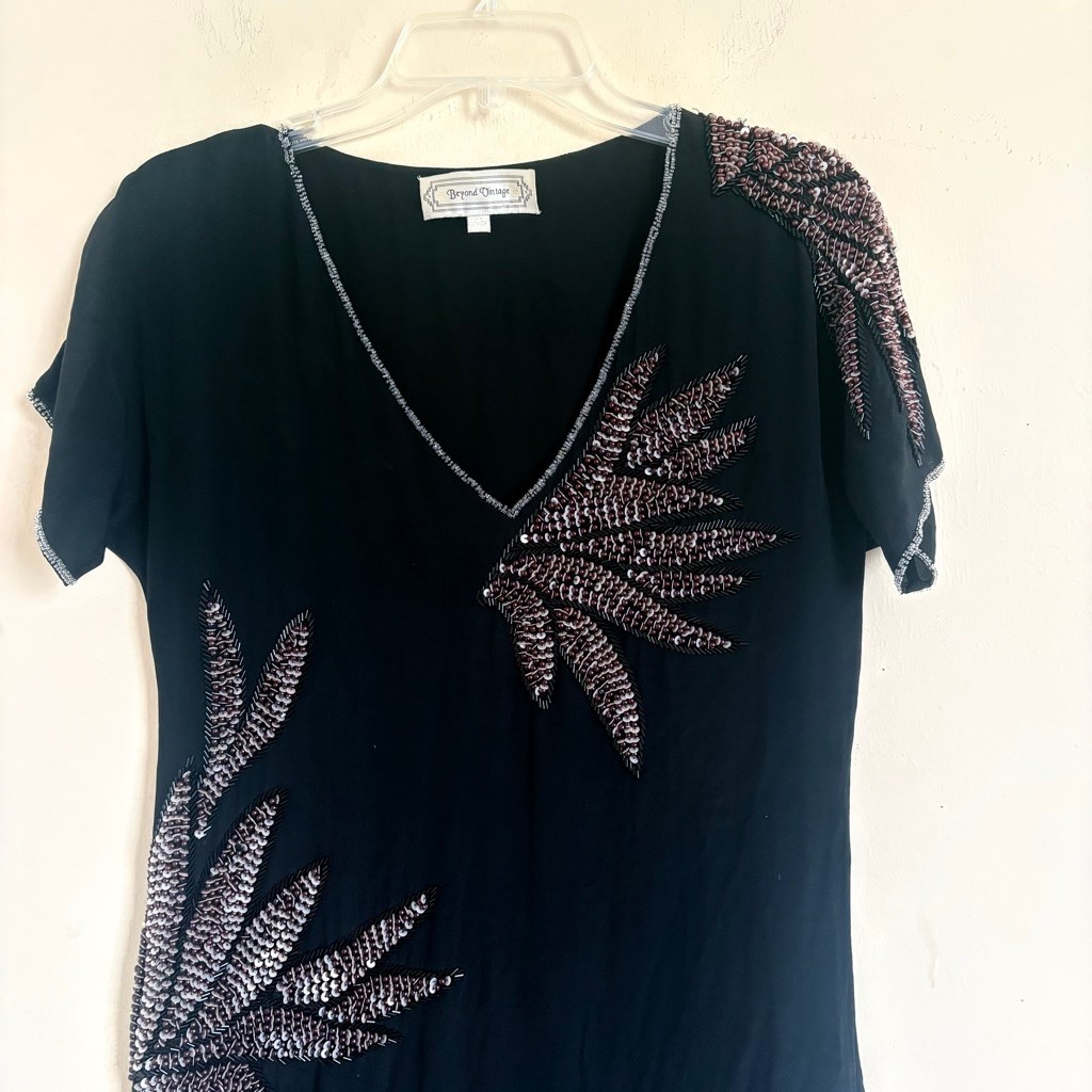 Beyond Vintage Silk Beaded Leaf Mini Dress Black XS Style 347