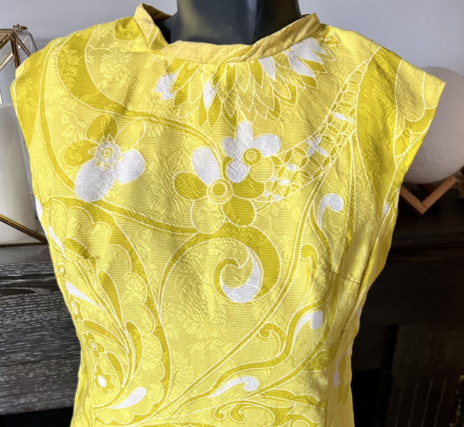 60s Vintage Alex Coleman CA Retro MCM Yellow Floral Tiki Blouse M