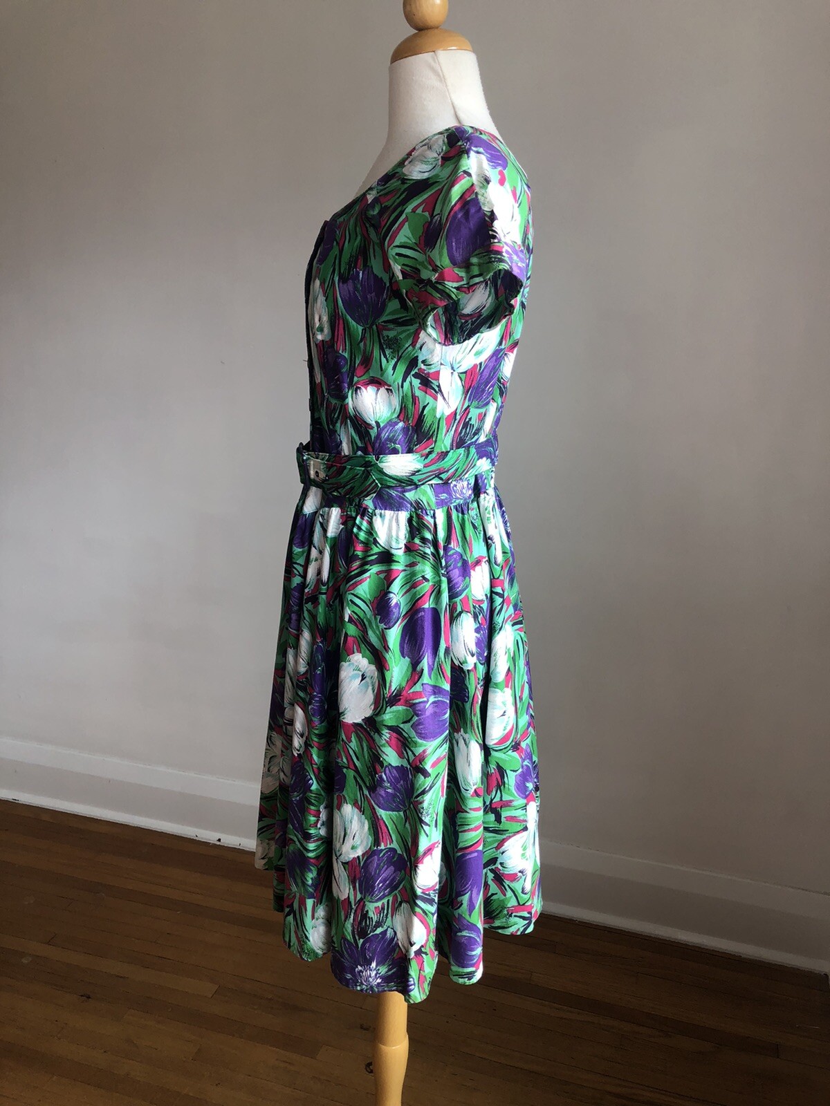 STUNNING VTG S.L. PETITES Floral 100% Cotton Belted Dress SZ XS/S