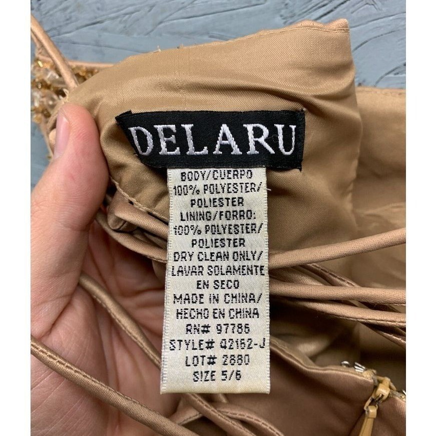 De Laru Beaded Satin Maxi Gown Dress Womens Size 5/6 Gold Vintage Y2K Formal