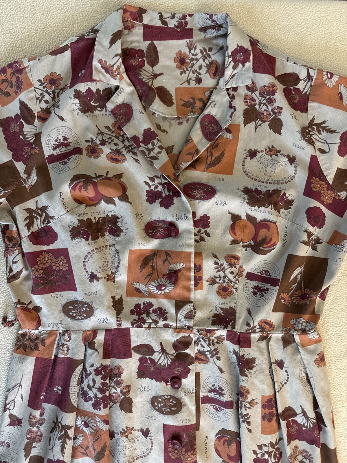 Vintage 1960’s Classic Shirtwaist Dress Tan Maroon Orange Graphics Fruit/Flowers