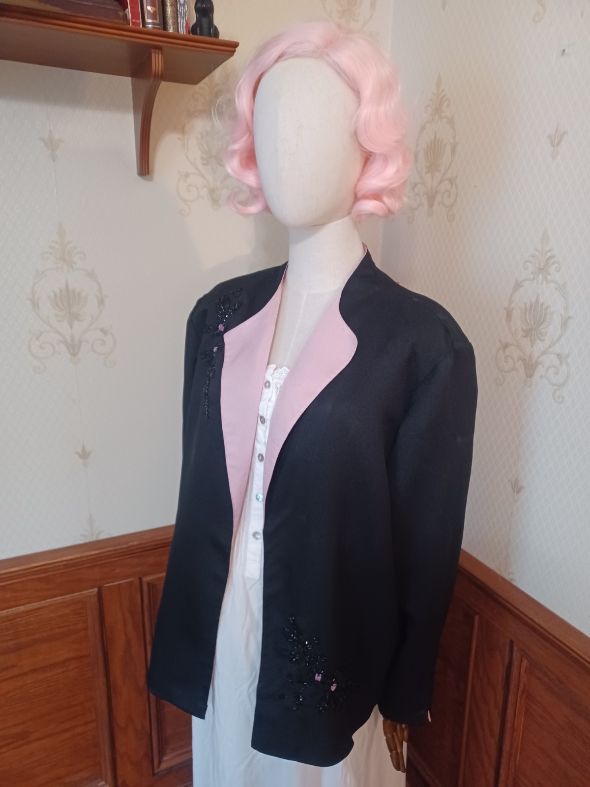 Vintage 1980s Sara Morgan for Halbrand Black Pink Beaded Office Witch Jacket