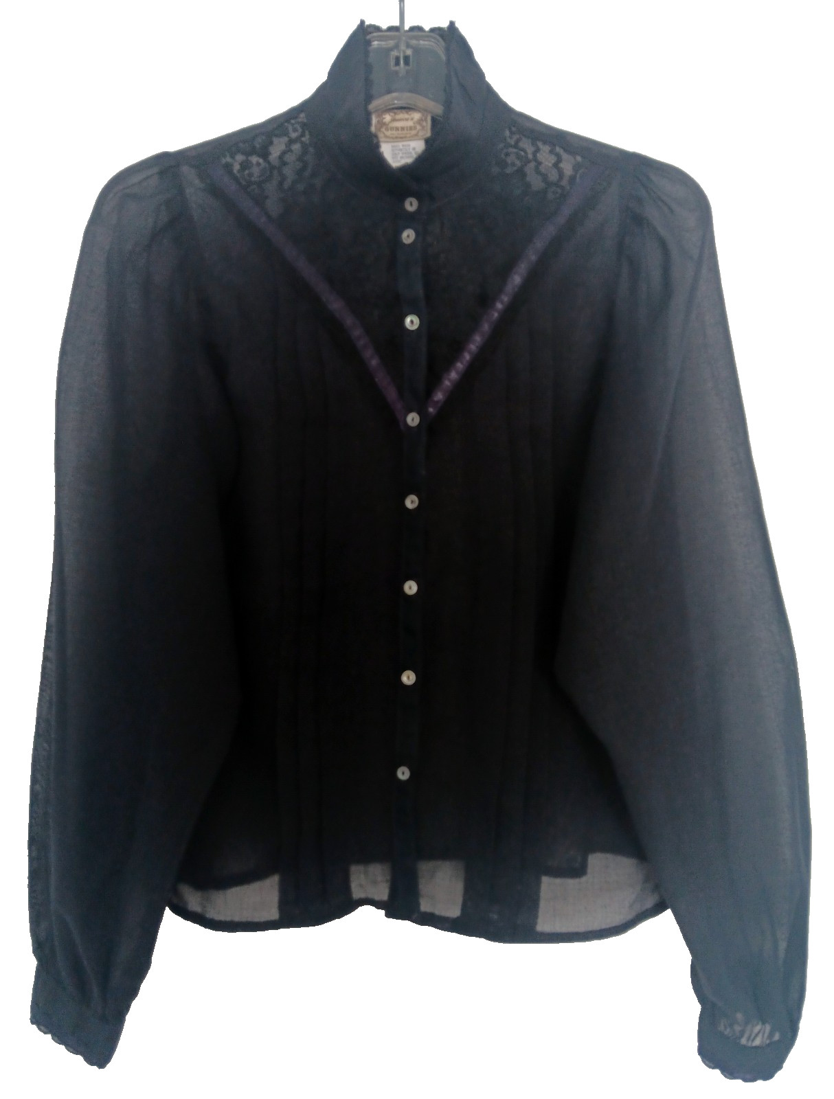 Vtg Jessica’s Gunnies Lacey Black LS Blouse MOP Buttons Victorian 70s Juniors 11