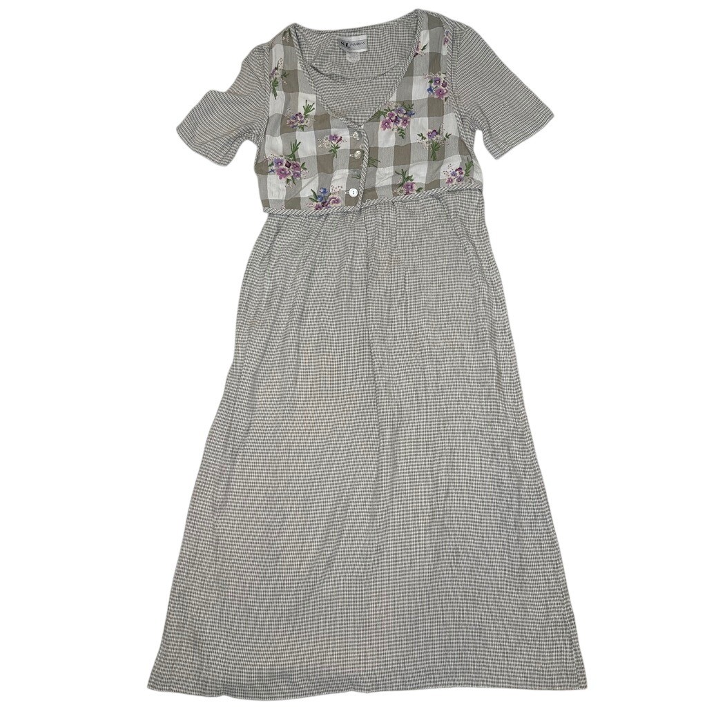 Vintage Grunge 90s Gingham Floral Faux Vest Maxi Dress Gray Purple Size 8