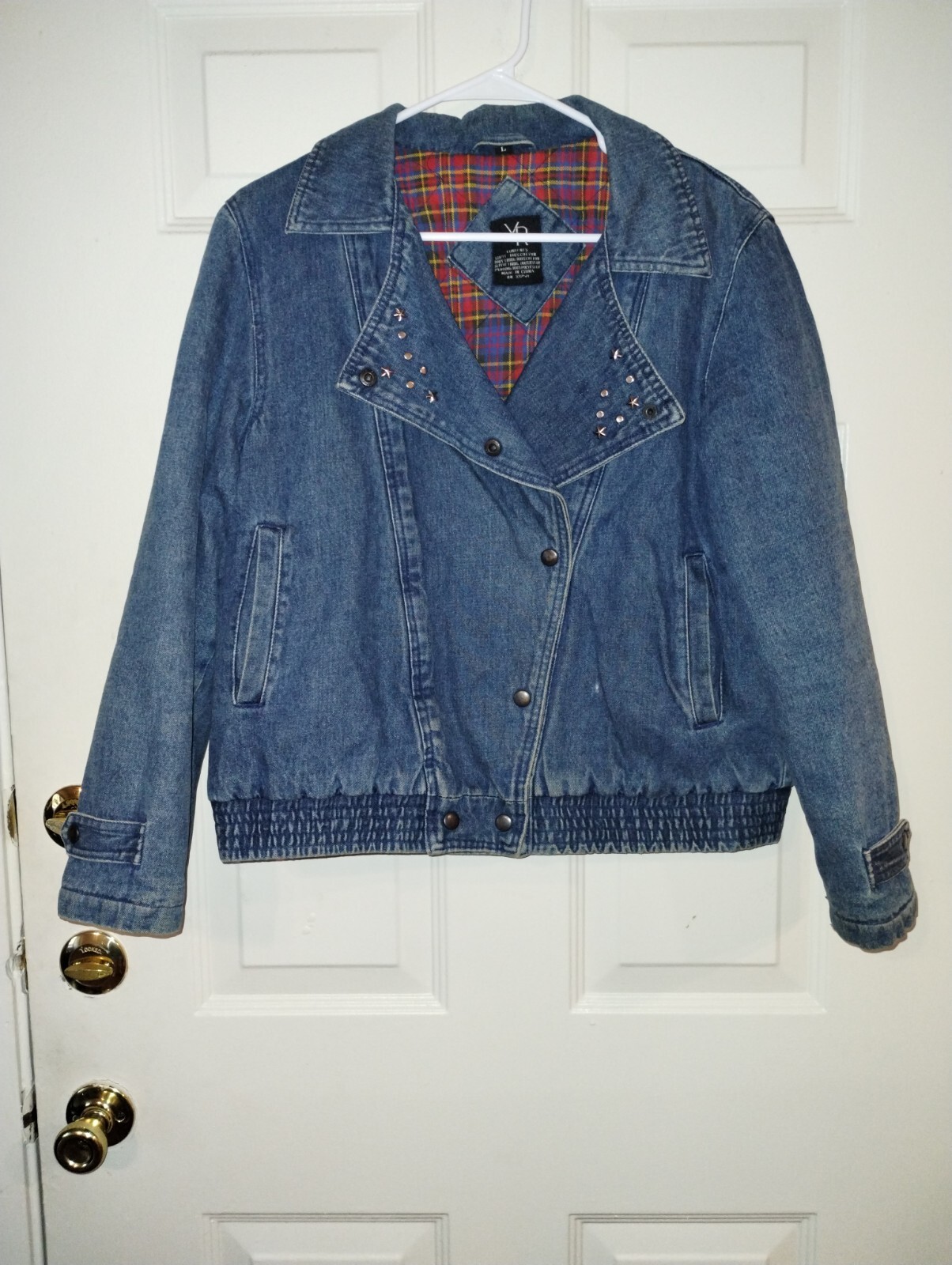 VTG YR Womens Size L Snap Up Quilt Lined Distressed Blue Jean Jacket Bling Lapel