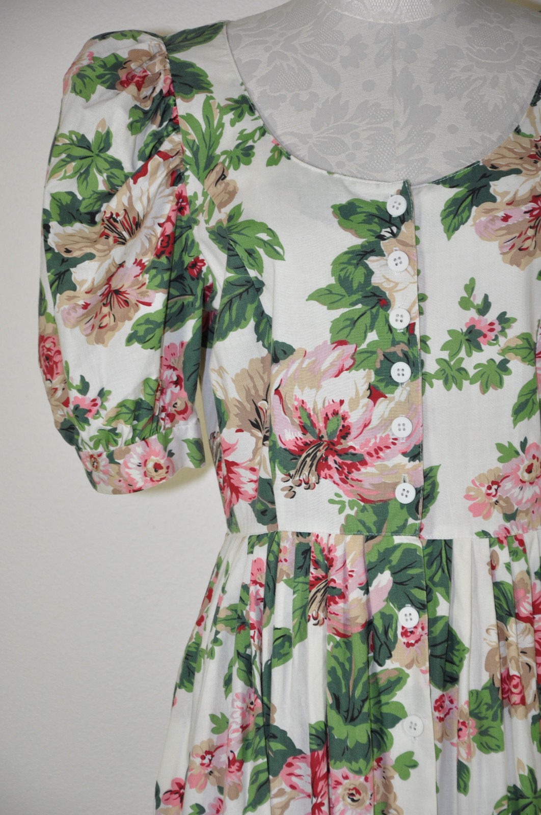 80s Vintage Pink Green Hibiscus Floral Puff Sleeve Romantic Midi Dress Women M L