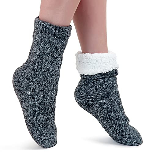 Slipper Socks for Women with Grippers Non Slip, Sherpa Lined Large Grey Marl
