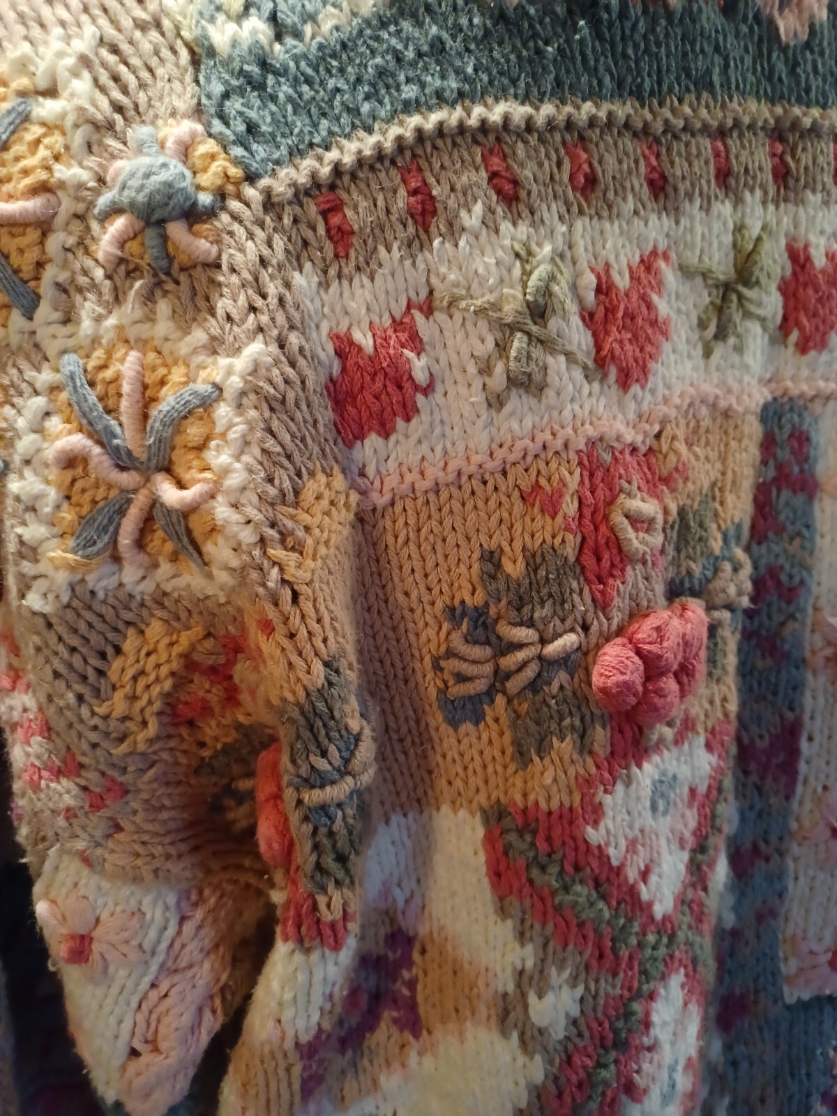 Vintage ’80s ’90s Crystal Colby Sweater Cottagecore 3-D Knit Cotton Unique S