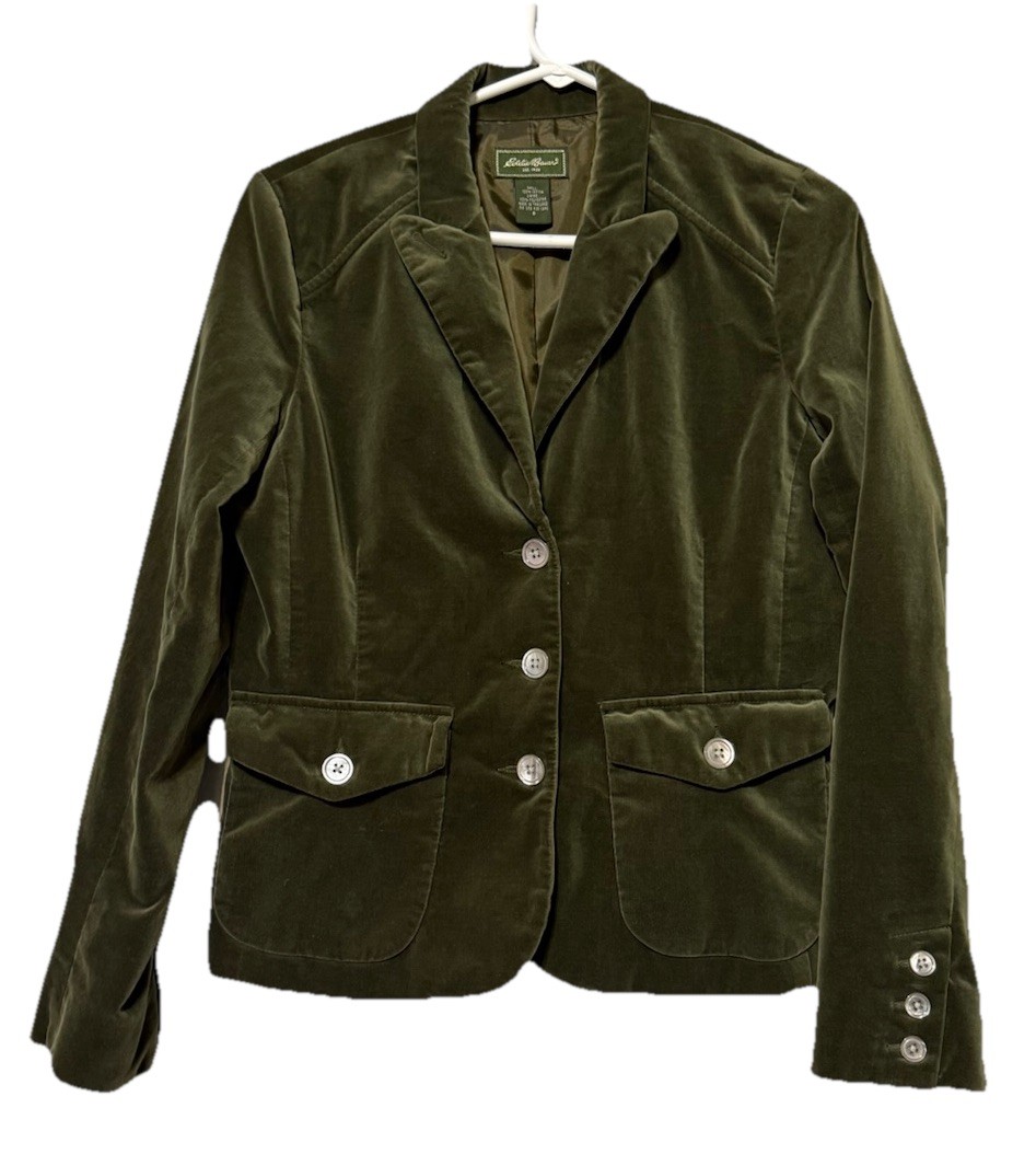 Vintage Eddie Bauer Women 8 Green Velvet/Velour Trucker Jacket Button Up Lined