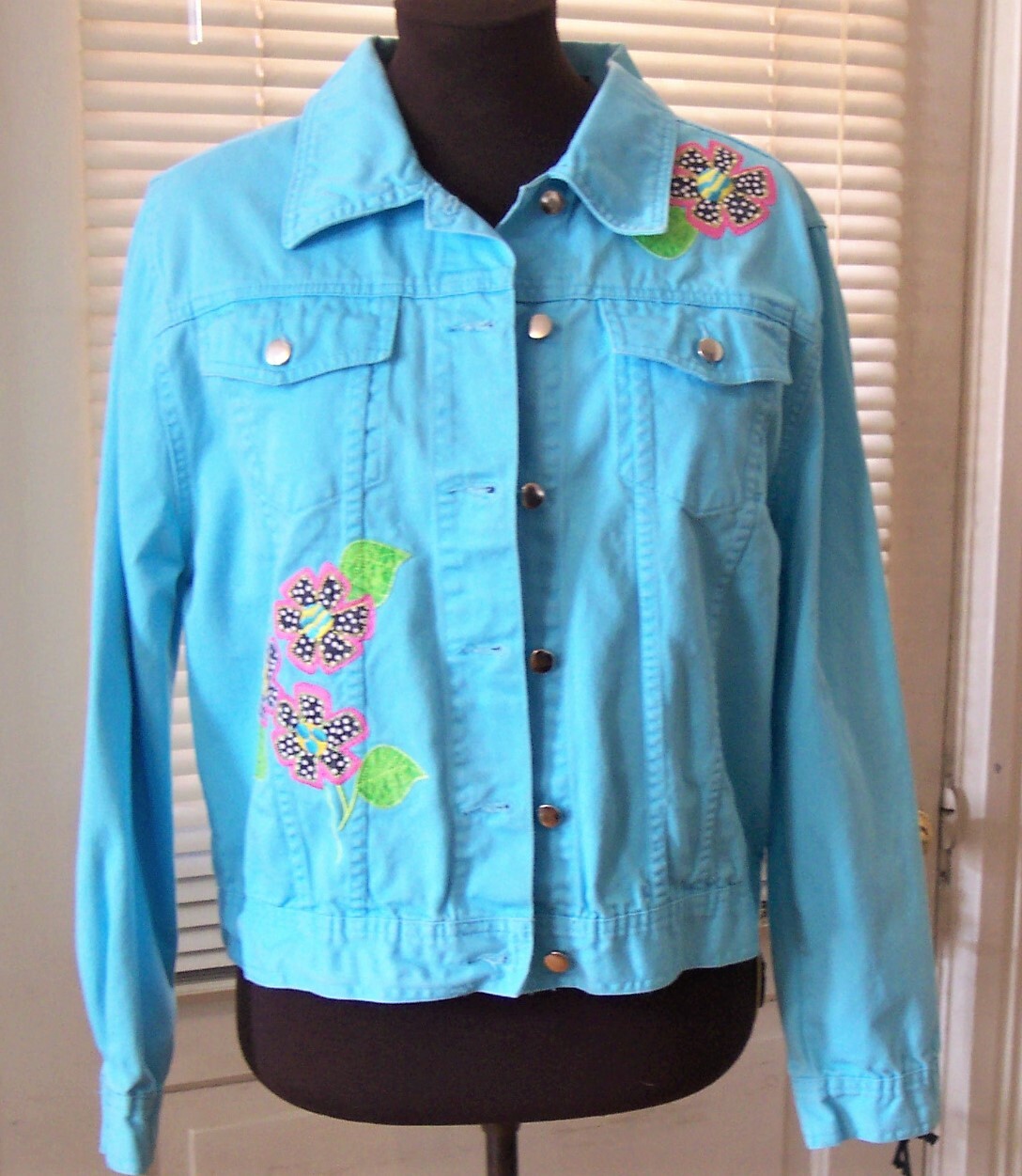 vintage turquoise aqua denim appliqued embroidered jean jacket mod hippy lg 80s