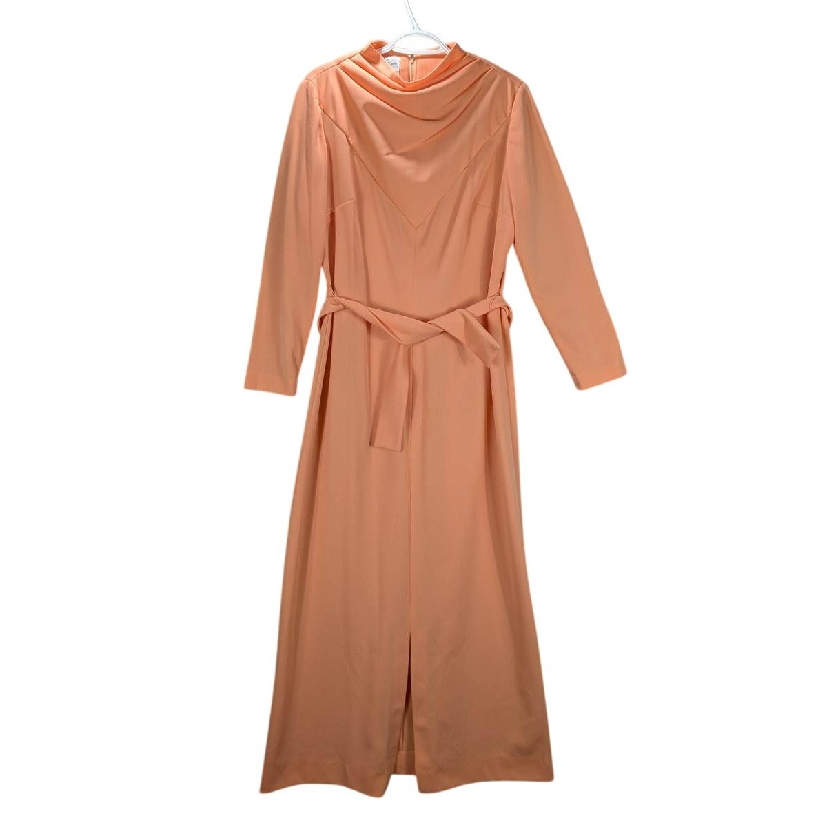 Vintage Stoner Square Dress 18 Peach Long Sleeve Cowl Neck Zip Tie Belt READ