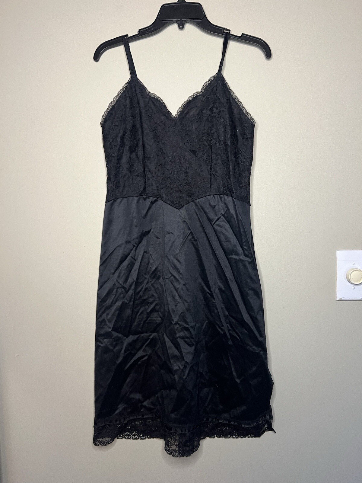 Vintage Vanity Fair Black Lace Satin Slip Nightgown Dress Small Made In USA