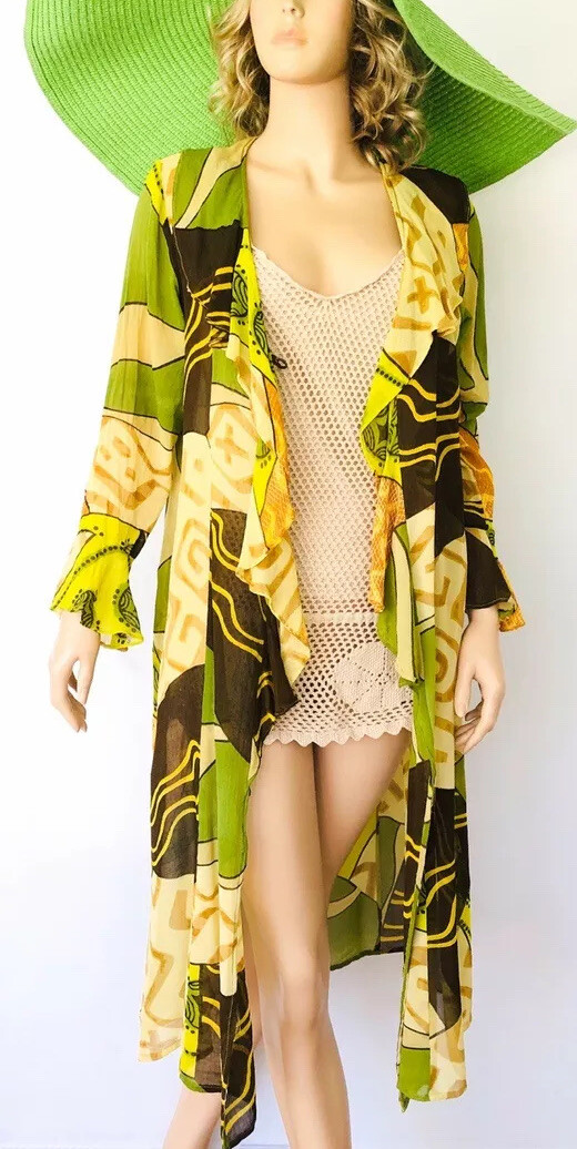 Kimono Duster chiffon maxi cardigan long cover up dress Vintage Sheer Robe SZ L