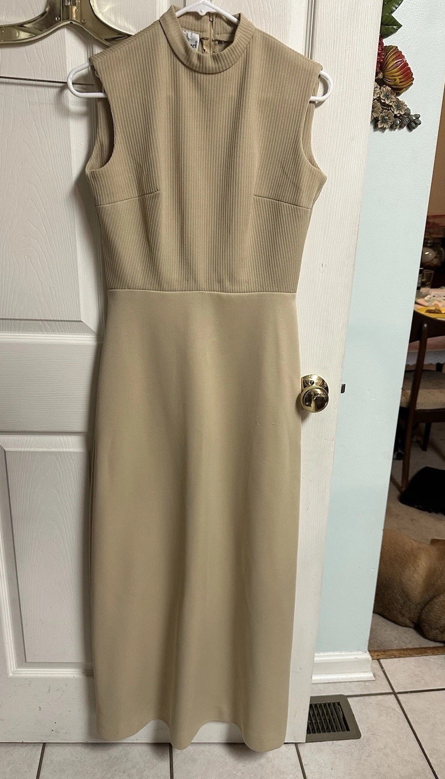 VNT 60s/50s Bleeker Street Ribbed/beige Maxi Sleeveless Dress Med Knit Mod Sleek