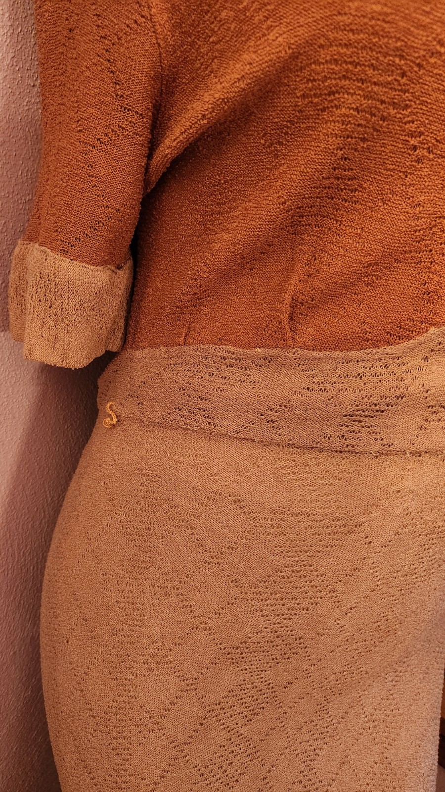 Vintage 1930s Two Tone Tan Knit Rayon Dress S