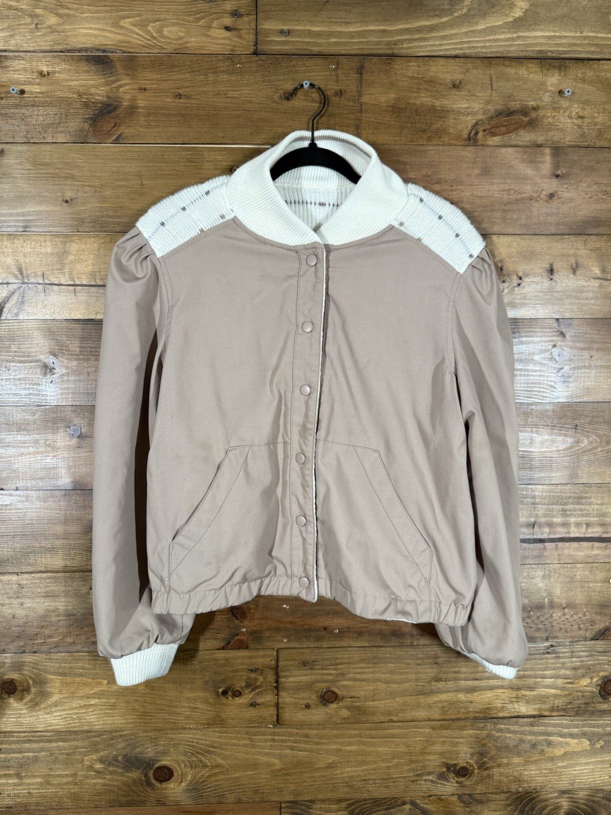Vintage Andy John’s Tan, Cream And White Revisble Sweater Bomber Jacket Small