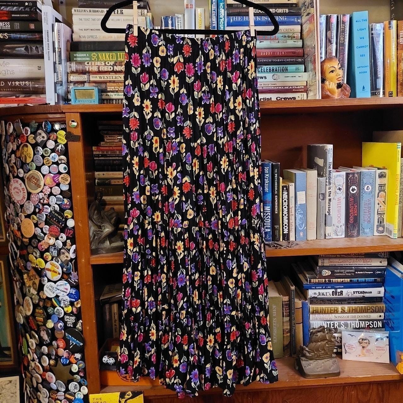 Vintage made in USA floral black, green purple pink and yellow floral maxi skirt