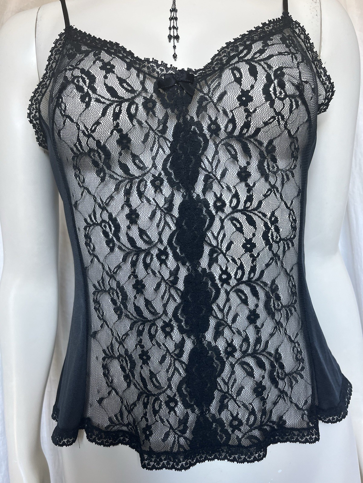 Vintage Lace Camisole Slip Top Black Sexy Evening Gothic Romantic 70s Lingerie M