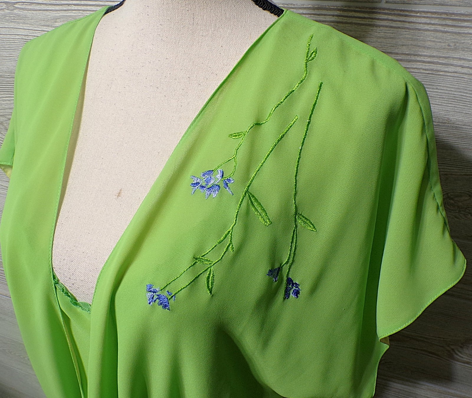 Vtg Slip Dress XL 2 pc Peignoir Chartreuse Purple Floral Embroidered Fairy Y2k