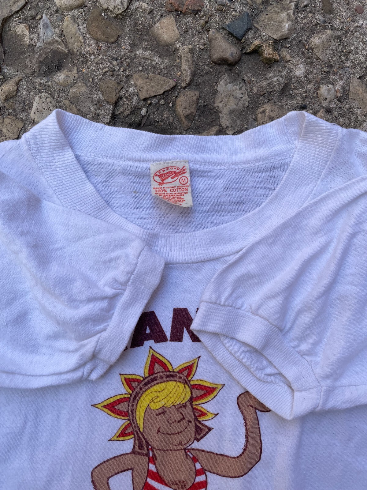 True Vintage 1960’s 'Tan It’ Aztec Sun Tan Lotion Graphic Ringer T-Shirt Size S