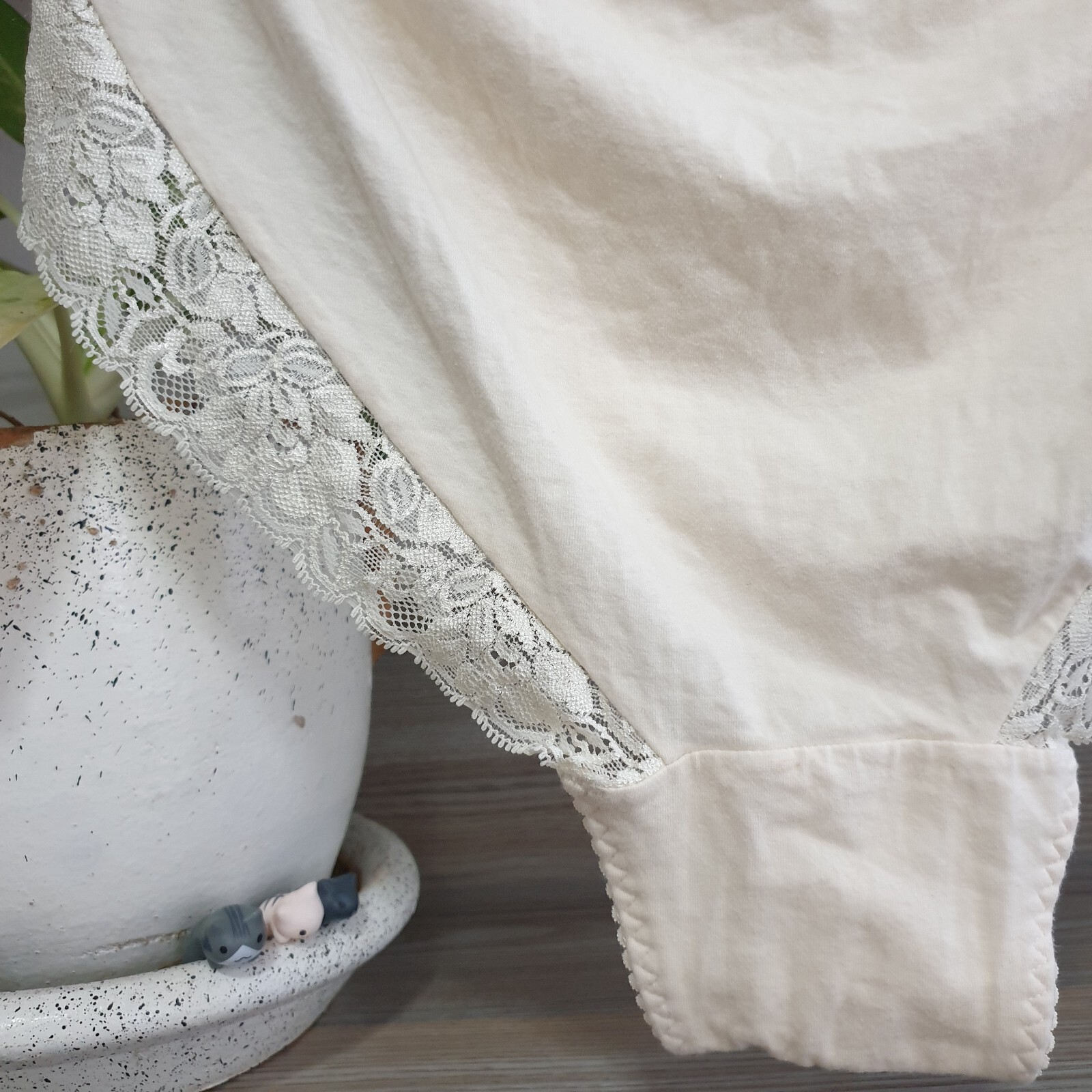Vintage Ivory Cotton Panty Sissy Floral Nylon Lace Brief Size 9-10 Hip 44-47″