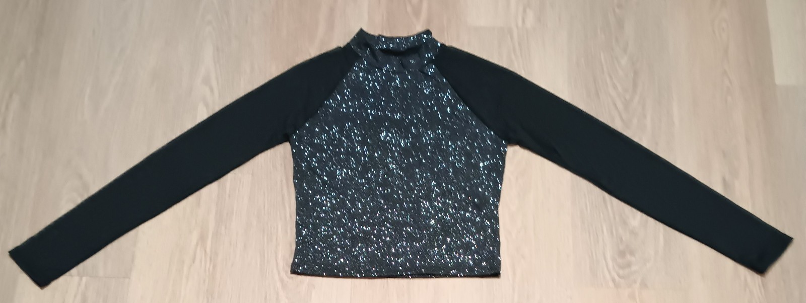 Vtg 80s Stretchy Silver Metallic Glitter Sparkly Sheer Mesh Sleeve Crop Top XS