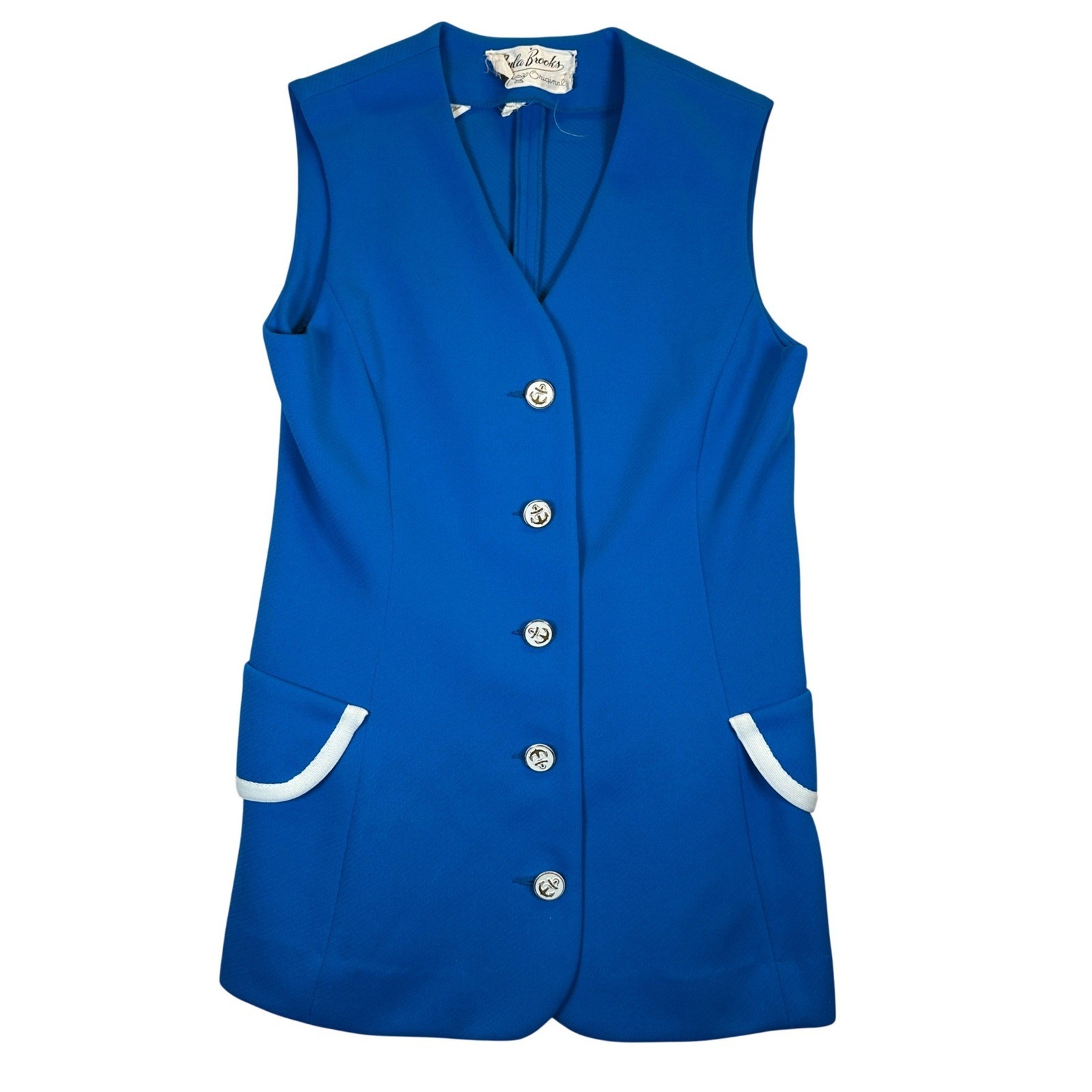 Vintage Paula Brooks Original Blue Nautical Vest Anchor Buttons 70s Mod Longline