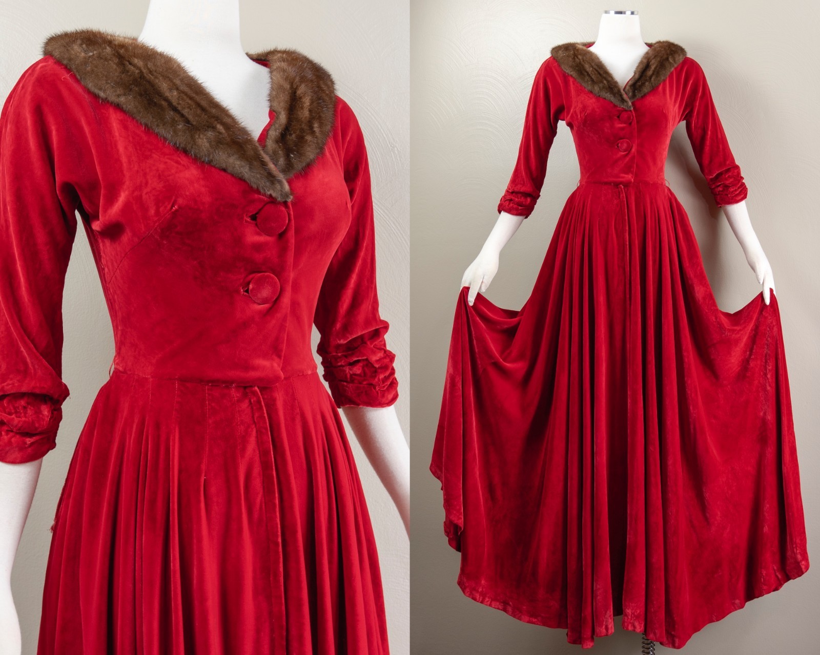40s/50s Red Velvet Dressing Gown/Hostess Dress, Mink Trim Glam Loungewear, Small