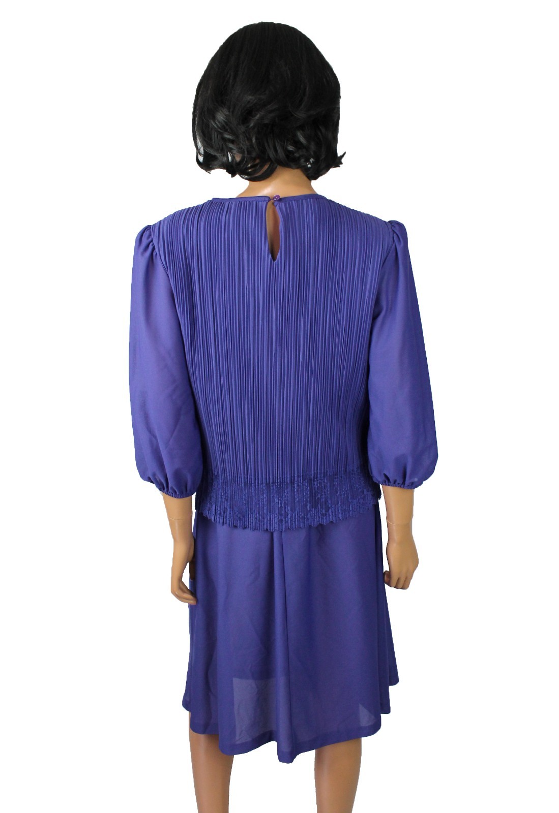 80s Secretary Dress 12P L Vintage Purple Pleated Stretchy Semi Sheer Crepe