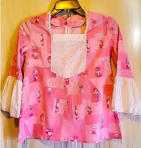 VTG 70s Holly Hobbie Look Blouse w/ Frilly Broderie Anglaise Trumpet Sleeves XXS