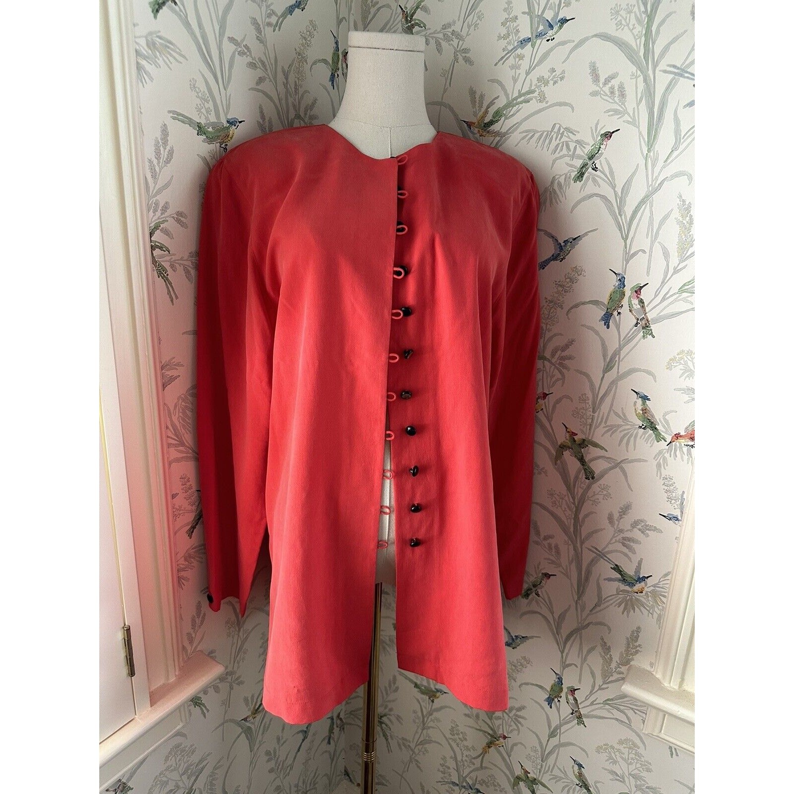 Rafaella Vintage 100% Silk Coral Button Up Long Sleeve Shirt jacket Size Small
