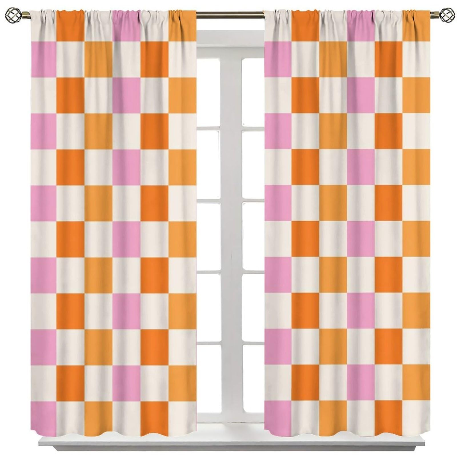 Hippie Retro 70s Curtains Vintage Geometric Square Grid Yellow Orange Pink 19…