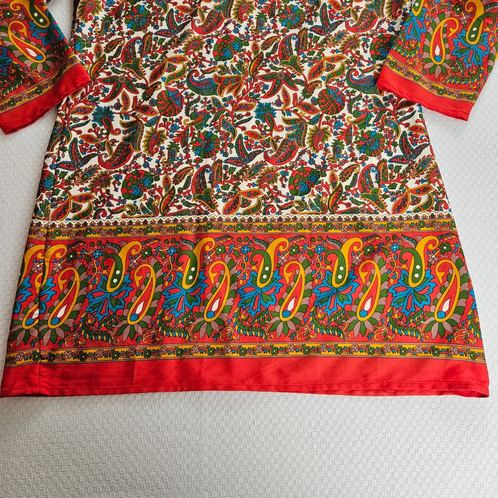 100% Silk Paisley Mini Tunic Dress V-Neck 3/4 Sleeve Red M 70s Boho Psychedelic