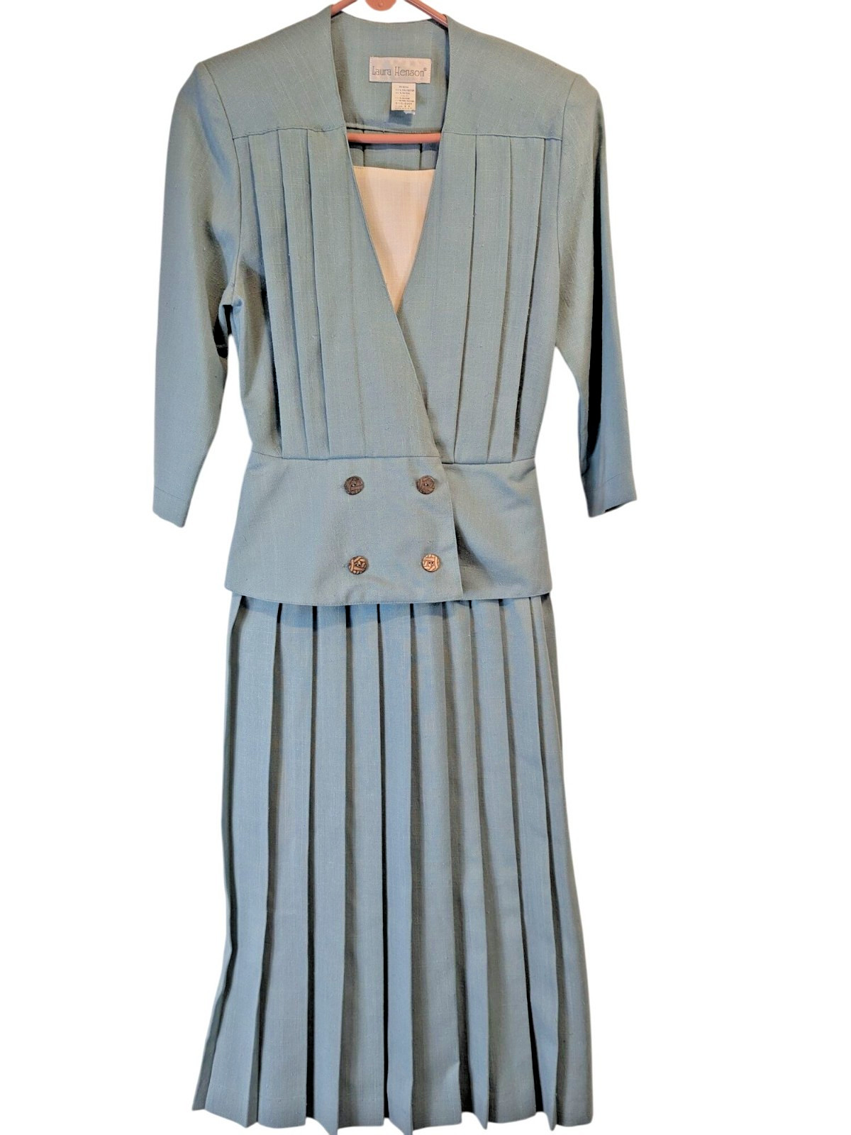 Vintage Laura Henson Women Dress Suit Size 6 Green Pleated Skirt Shoulder Pads