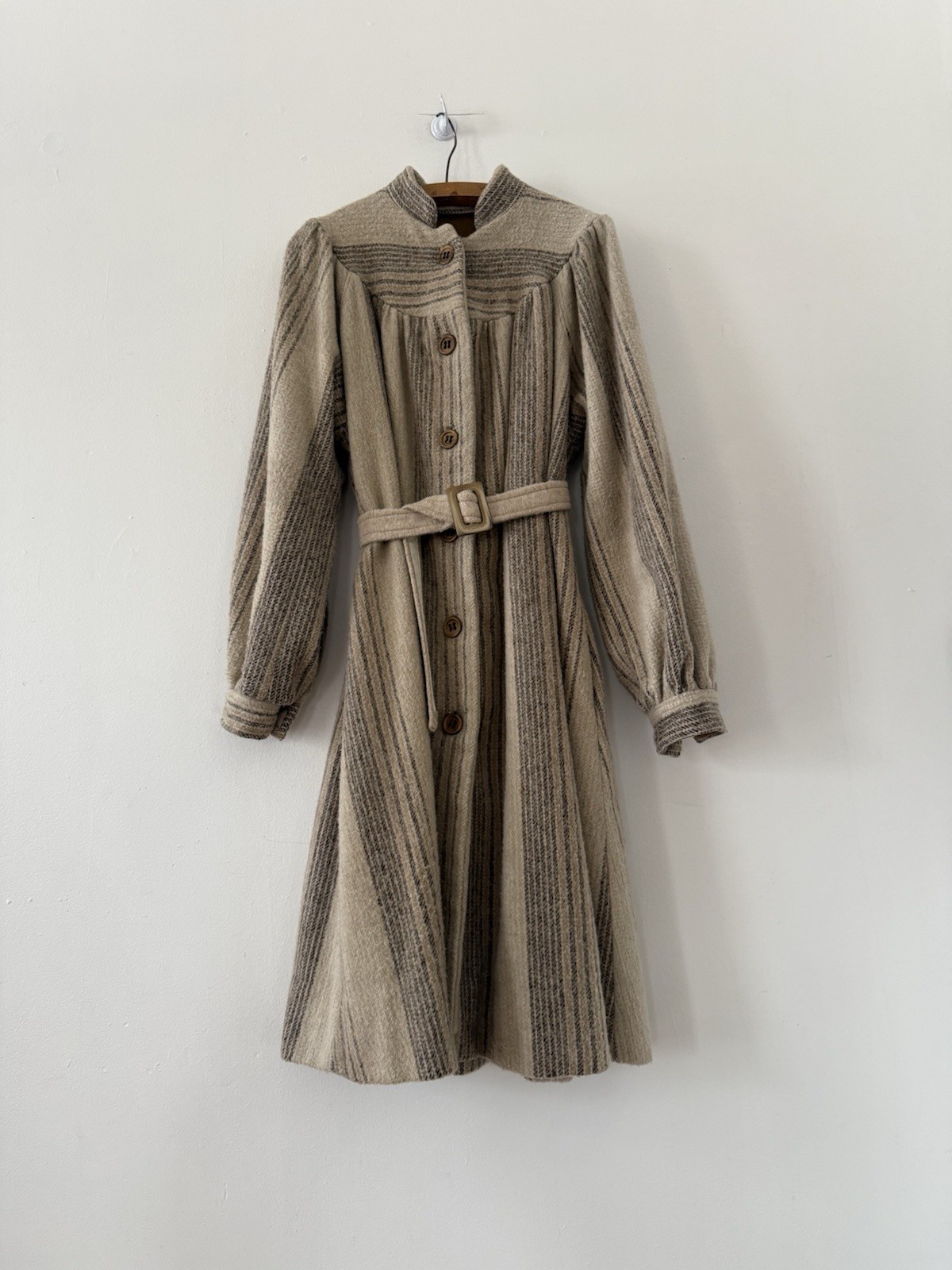Mid C Blanket Wool Prairie Wrap Coat | Belted Edwardian Revival |Neutral Striped