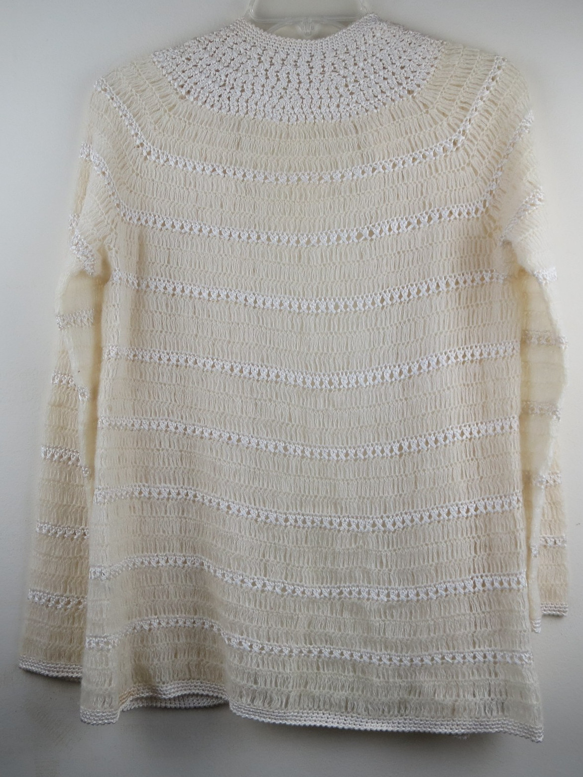Vtg. 70s Fashion Hand-Crochet Ivory White Open Lace Knit Winter Large Cardigan