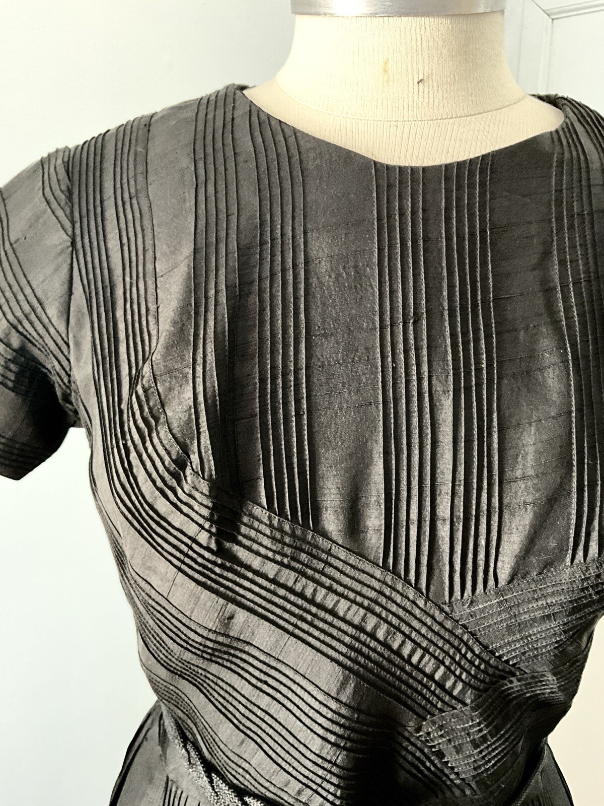 Vintage 1950’s Ceil Chapman Black Silk Shantung Dress with Pintucked Bodice