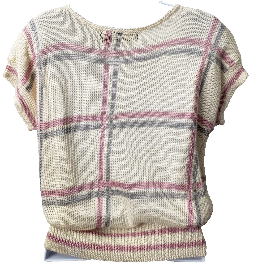 Kawaii Cottage Sweater Knit Top M Easter Ivory Pink Plaid Granny Twee VTG 80s